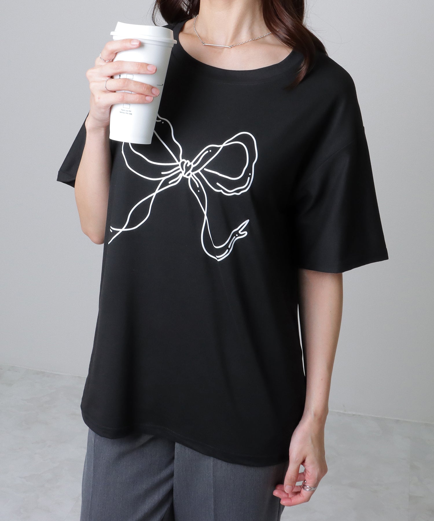 レースレディース Lace Ladies ソリッドカラー 半袖 リボン プリント Tシャツ （ホワイト） ホワイト