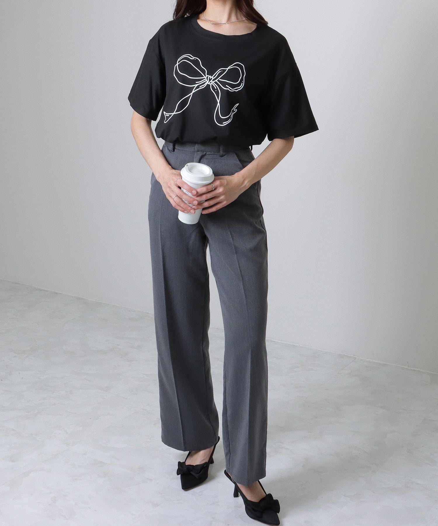 レースレディース Lace Ladies ソリッドカラー 半袖 リボン プリント Tシャツ （ホワイト） ホワイト