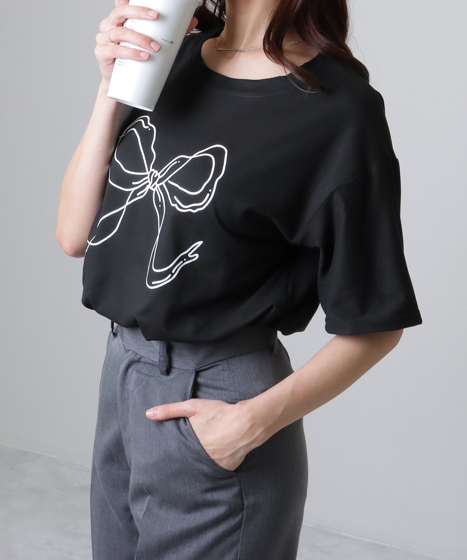 レースレディース Lace Ladies ソリッドカラー 半袖 リボン プリント Tシャツ （ホワイト） ホワイト