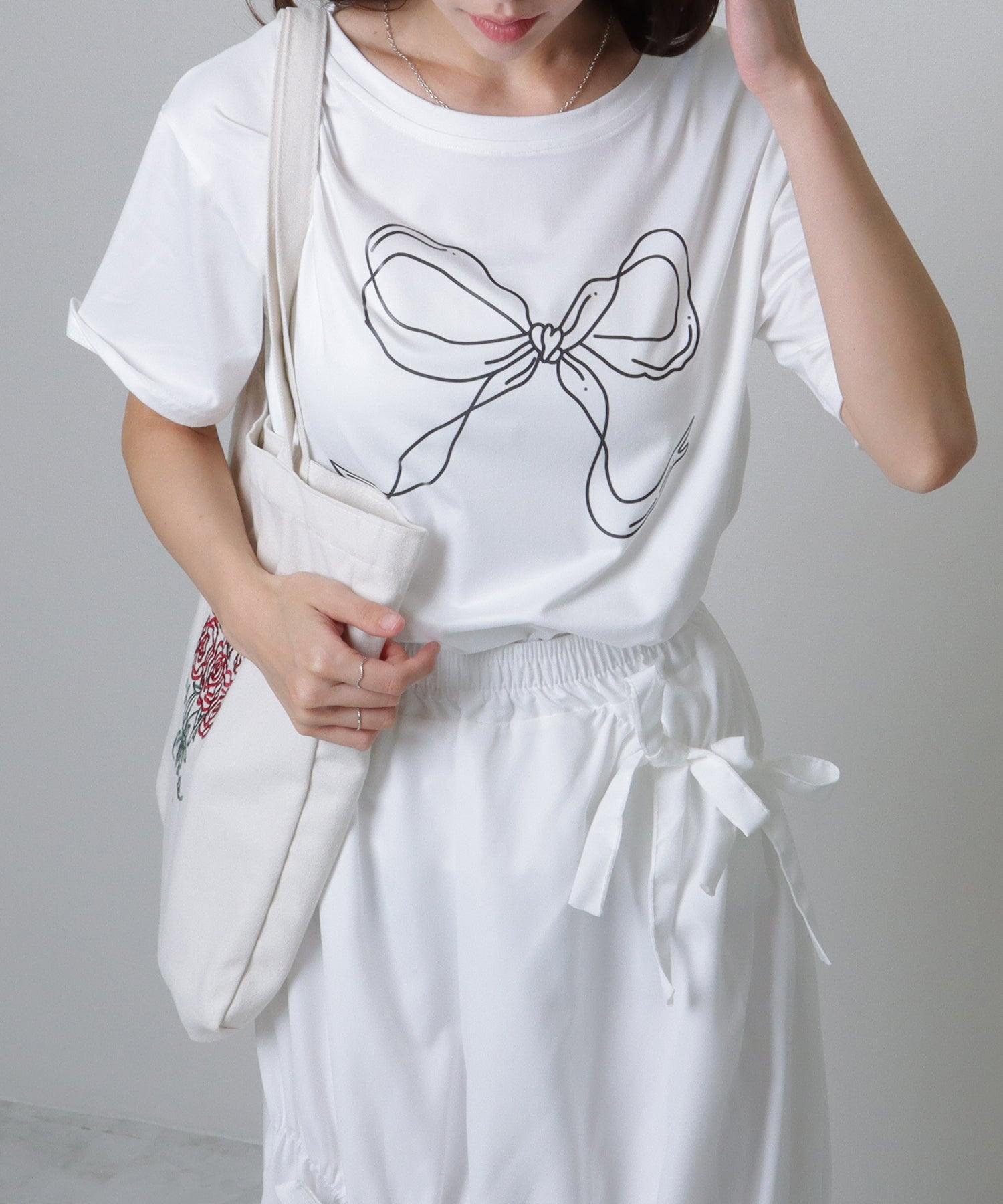 レースレディース Lace Ladies ソリッドカラー 半袖 リボン プリント Tシャツ （ホワイト） ホワイト