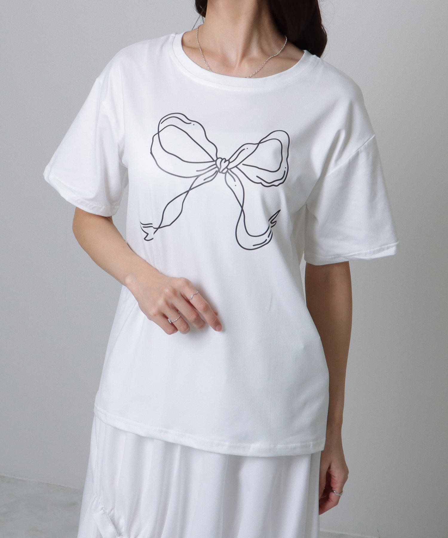 レースレディース Lace Ladies ソリッドカラー 半袖 リボン プリント Tシャツ （ホワイト） ホワイト