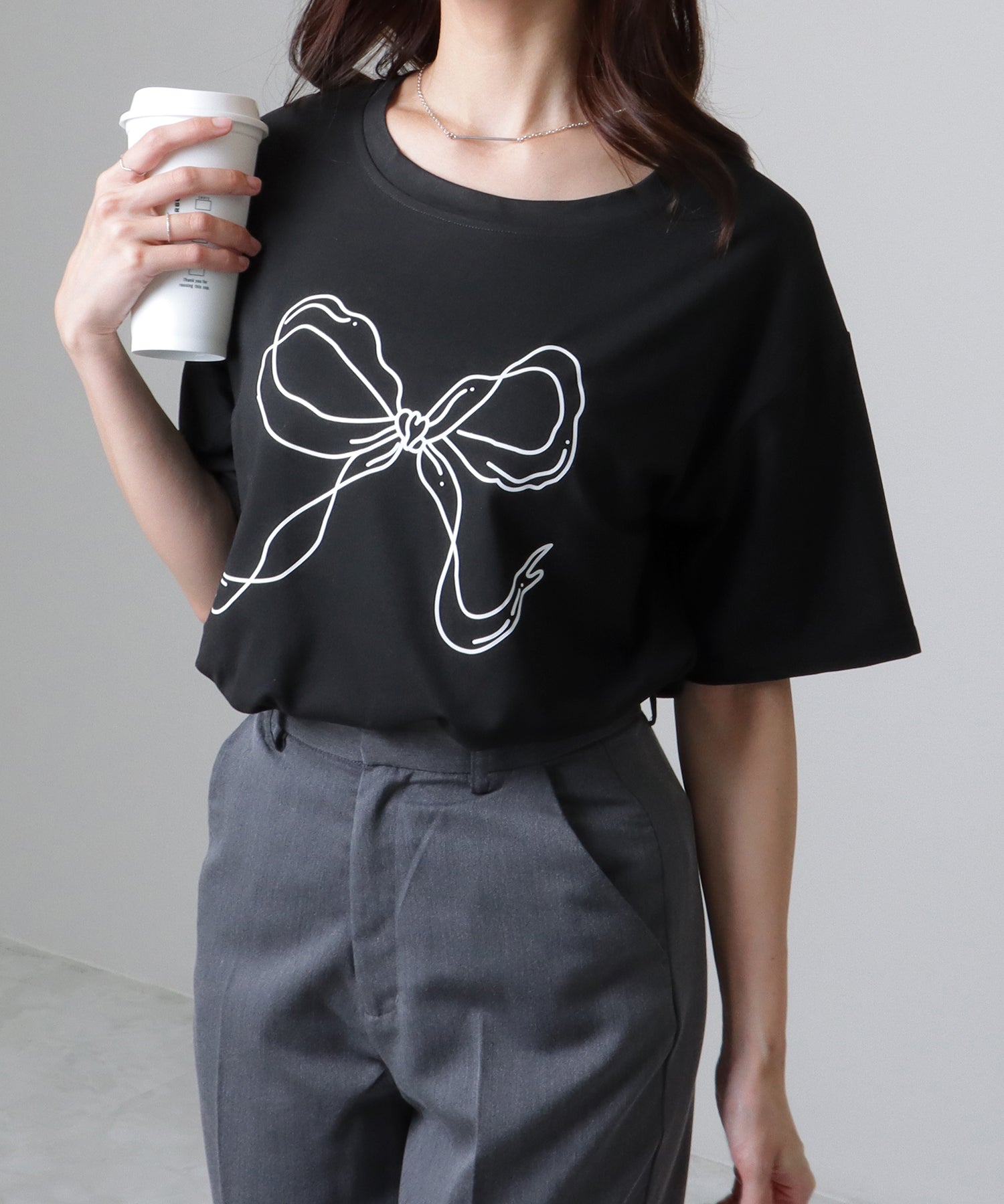 レースレディース Lace Ladies ソリッドカラー 半袖 リボン プリント Tシャツ （ブラック） ブラック