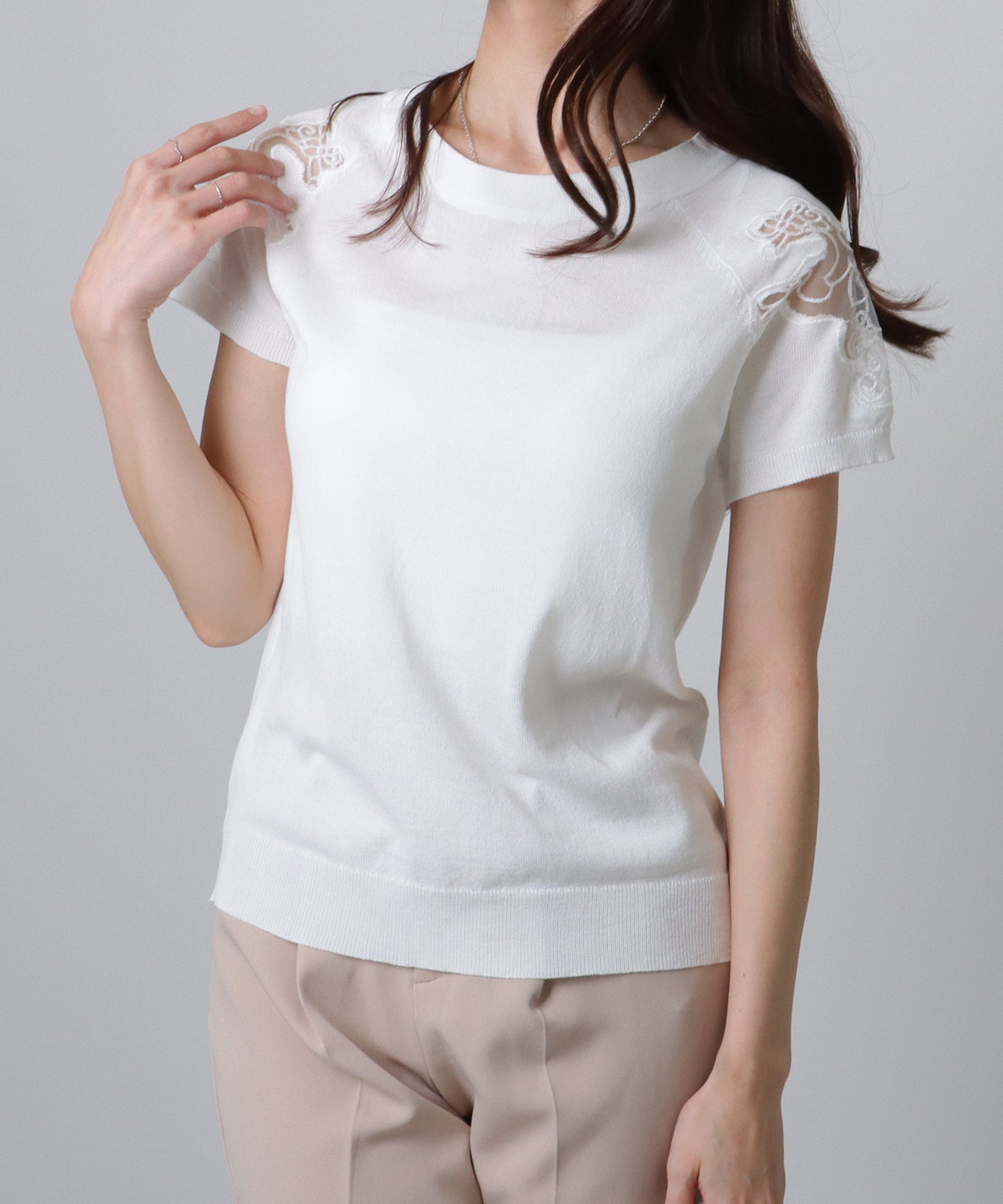 レースレディース Lace Ladies ショルダー レース 半袖 ニット トップス （ブラック） ブラック