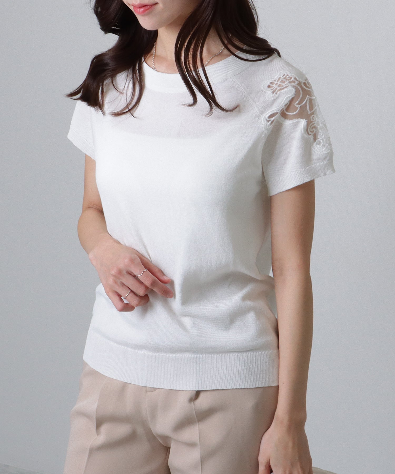 レースレディース Lace Ladies ショルダー レース 半袖 ニット トップス （ブラック） ブラック