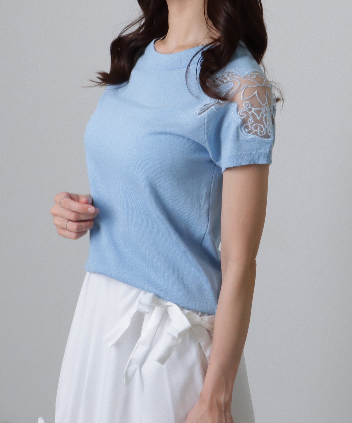 レースレディース Lace Ladies ショルダー レース 半袖 ニット トップス （ブラック） ブラック