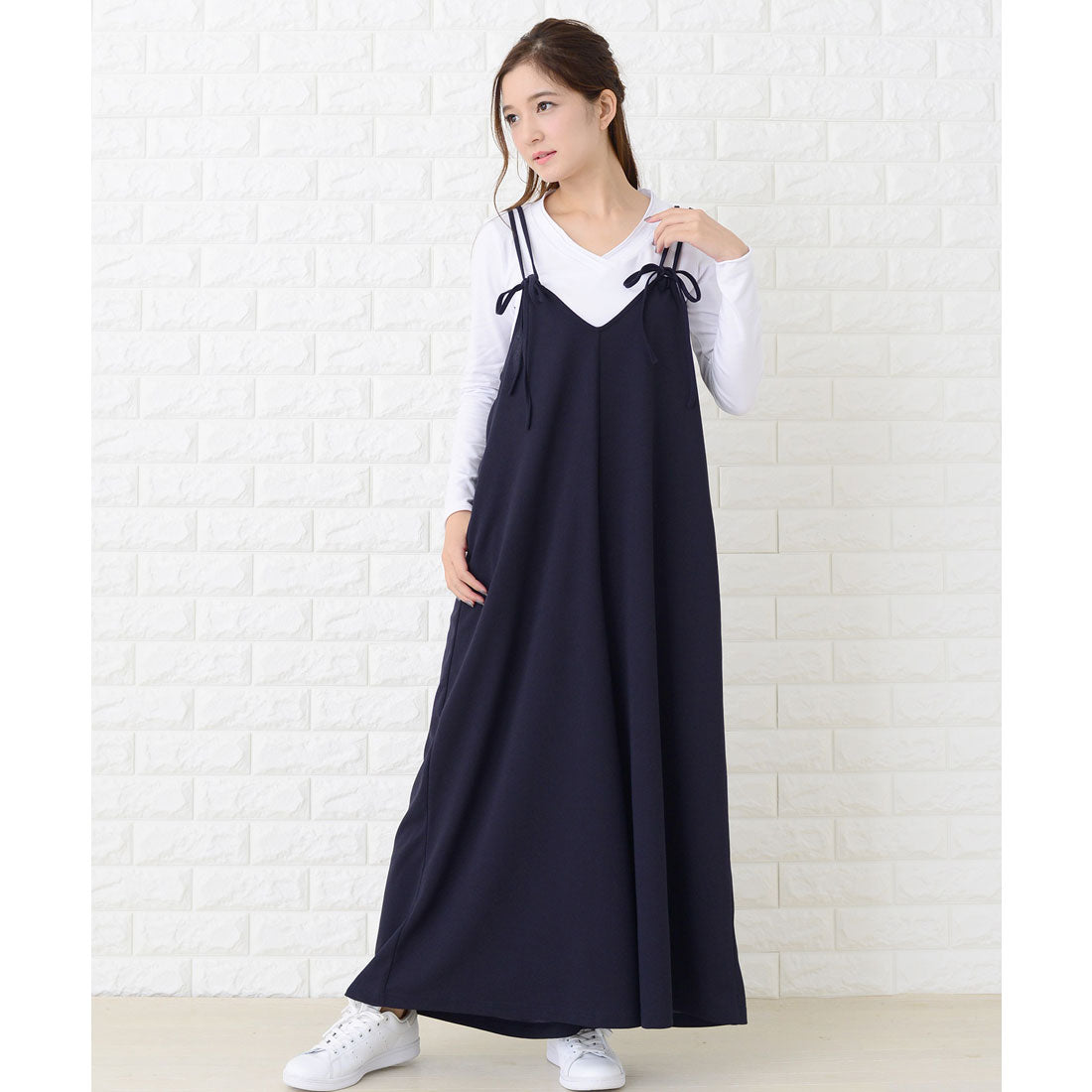 レースレディース Lace Ladies 肩ひもリボン付き サロペットワイドパンツ オールインワン・パンツ,ネイビー