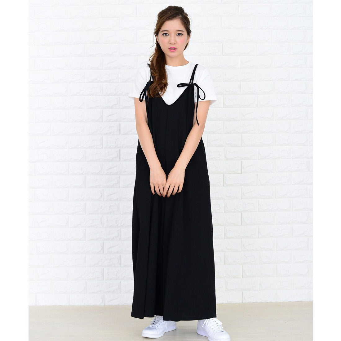 レースレディース Lace Ladies 肩ひもリボン付き サロペットワイドパンツ オールインワン・パンツ,ブラック