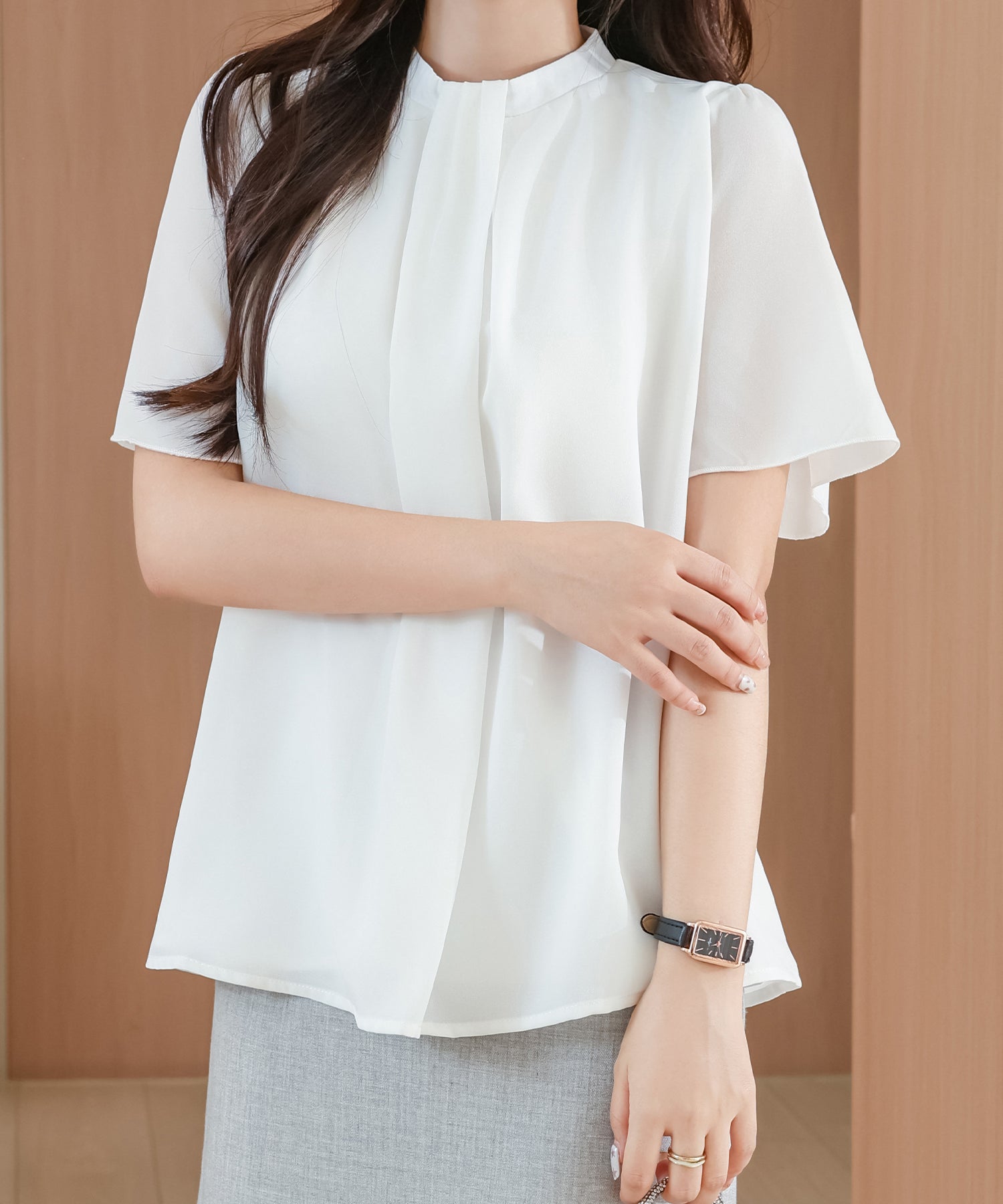 レースレディース Lace Ladies ソリッドカラー クルーネック 半袖 タック ブラウス （ネイビー） ネイビー