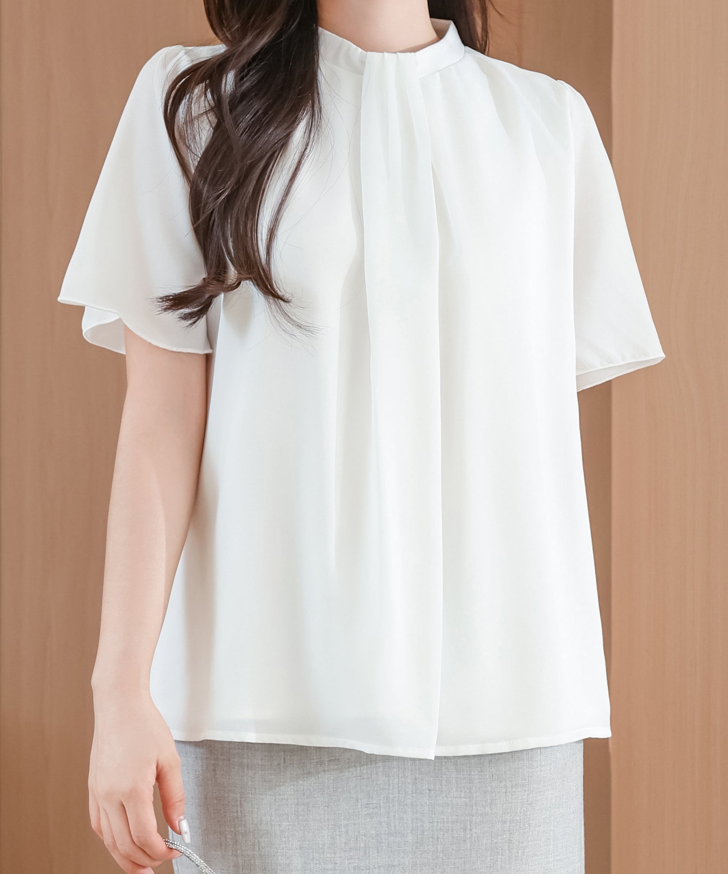 レースレディース Lace Ladies ソリッドカラー クルーネック 半袖 タック ブラウス （ネイビー） ネイビー