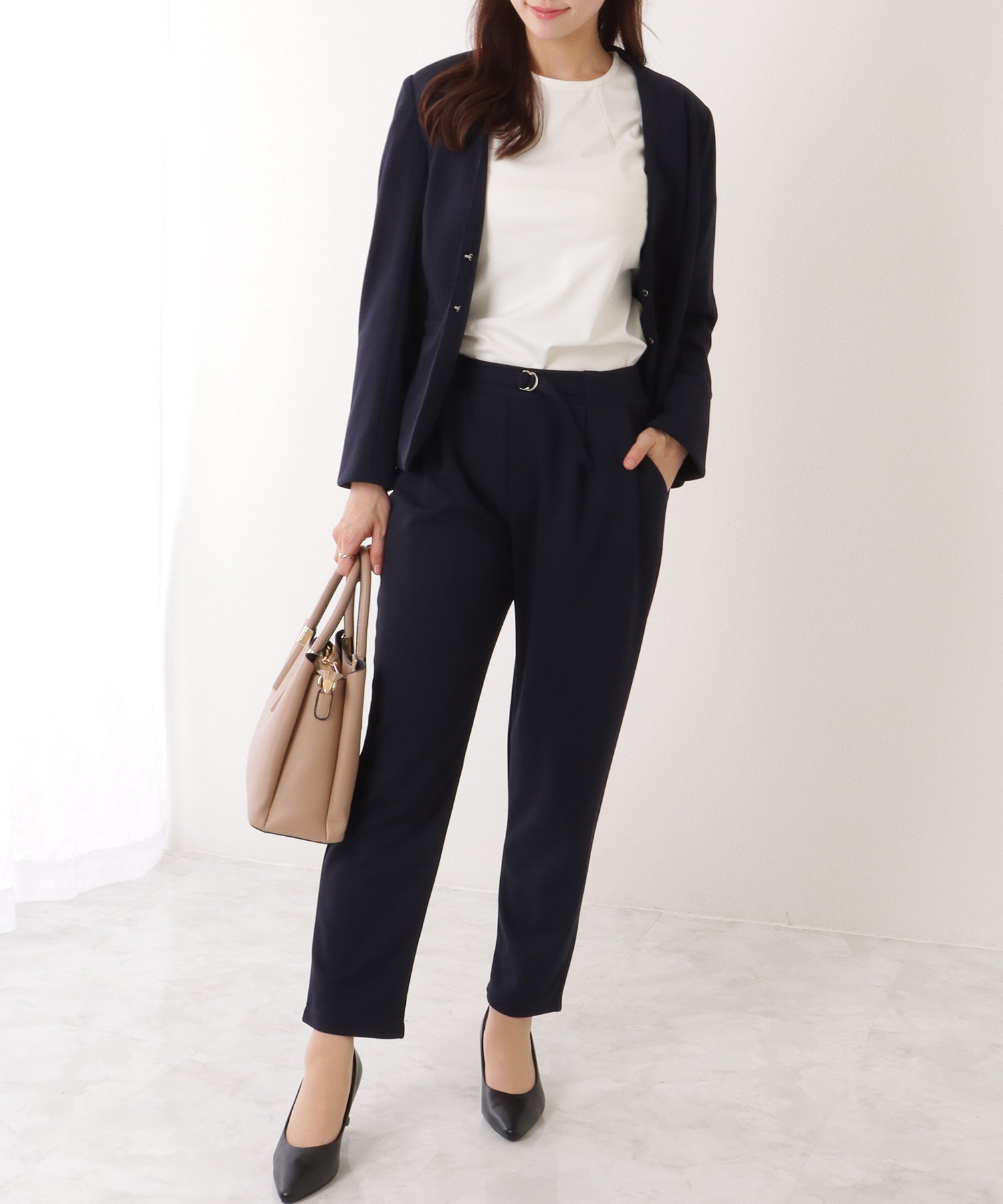 レースレディース Lace Ladies フロント ホック ノーカラー スーツ セットアップ （ネイビー） ネイビー