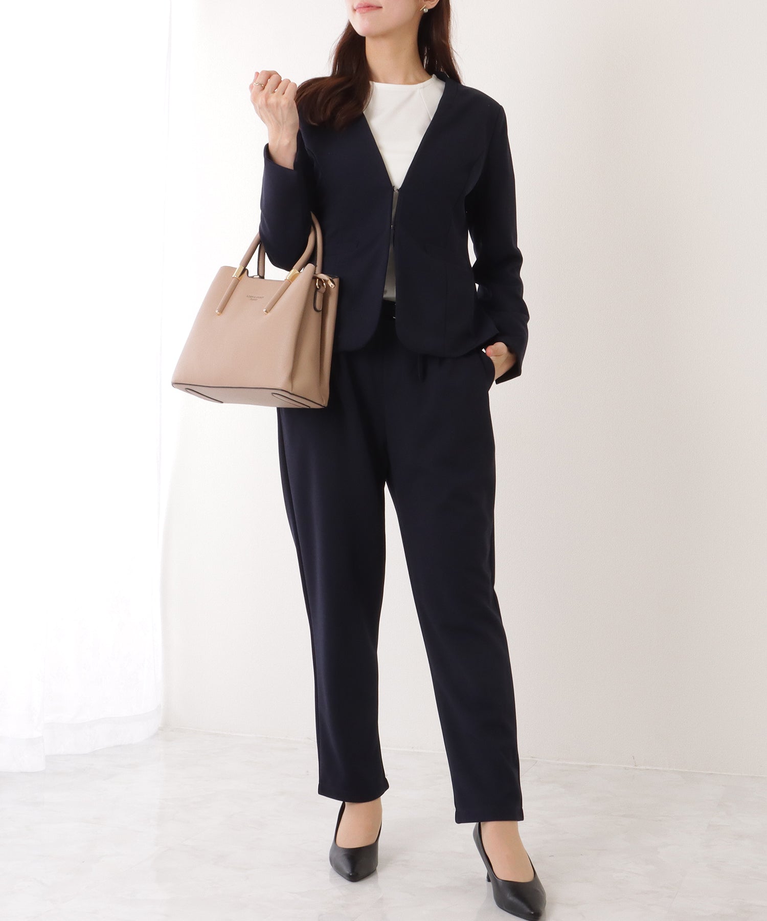 レースレディース Lace Ladies フロント ホック ノーカラー スーツ セットアップ （ネイビー） ネイビー