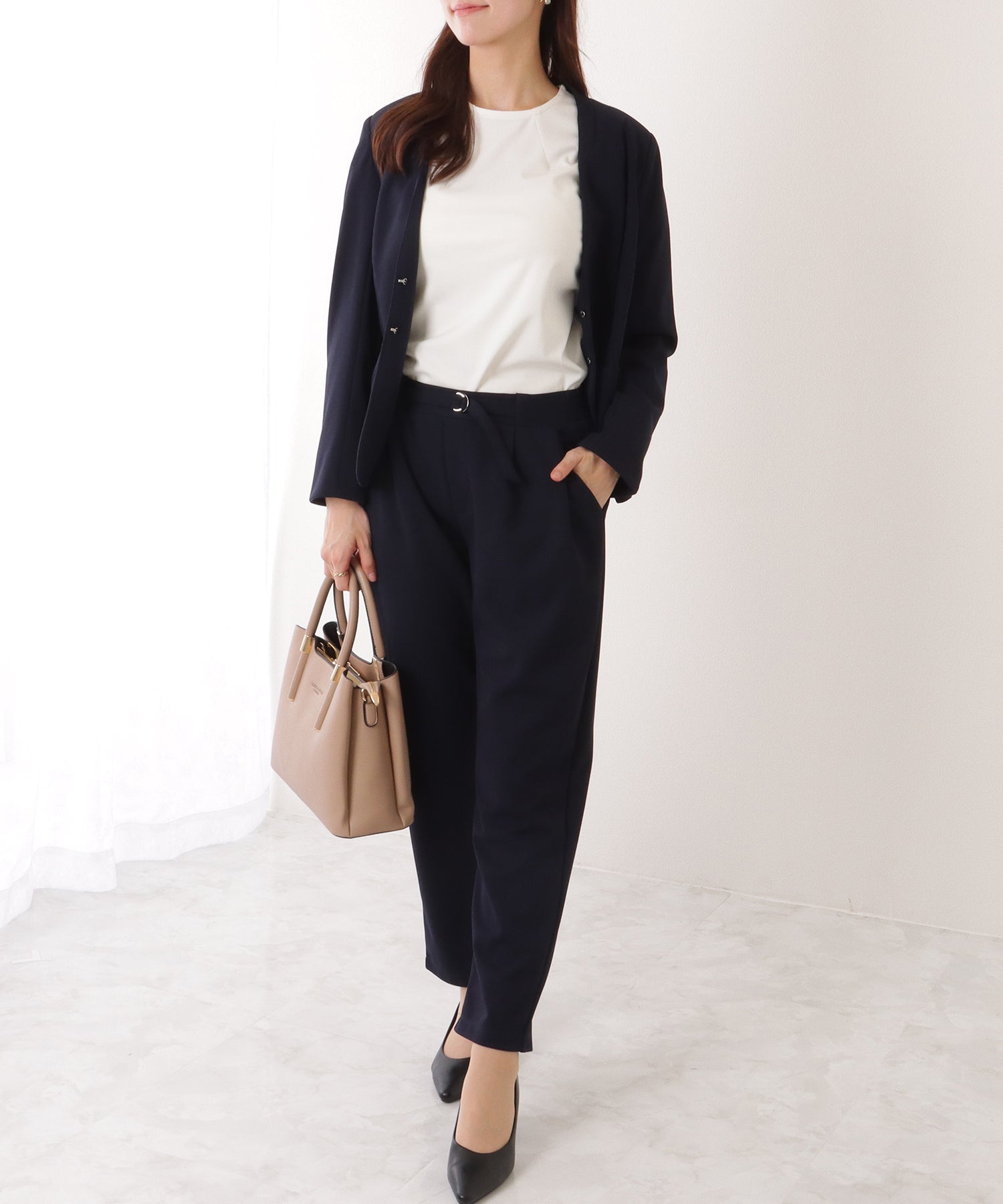 レースレディース Lace Ladies フロント ホック ノーカラー スーツ セットアップ （ネイビー） ネイビー
