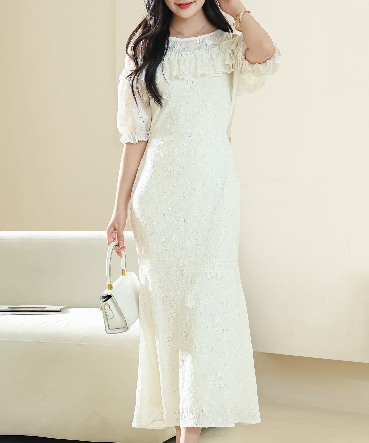 レースレディース Lace Ladies カットアウト パフスリーブ 総レース マーメイド フリル ワンピース （アイボリー） アイボリー