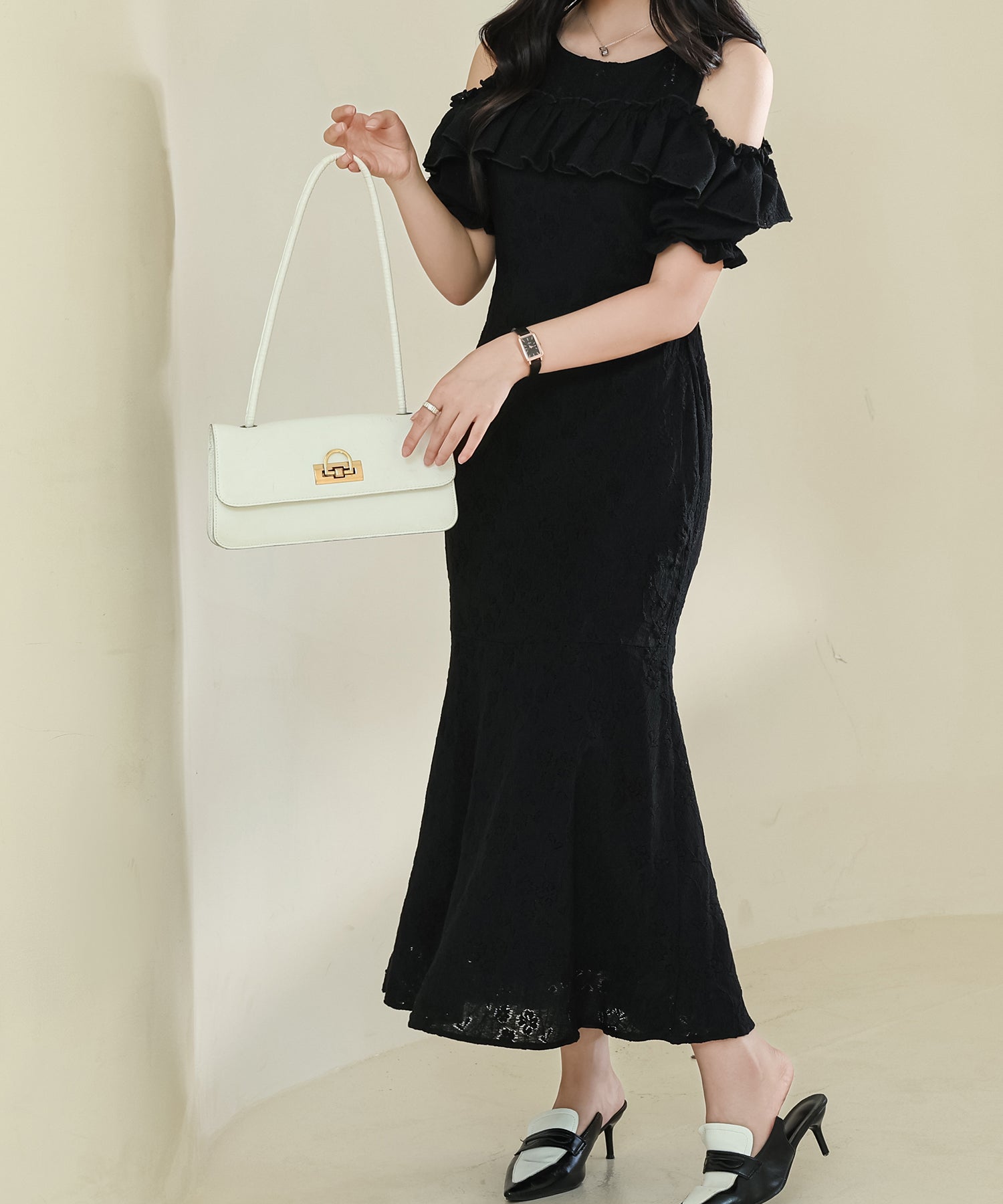 レースレディース Lace Ladies カットアウト パフスリーブ 総レース マーメイド フリル ワンピース （アイボリー） アイボリー