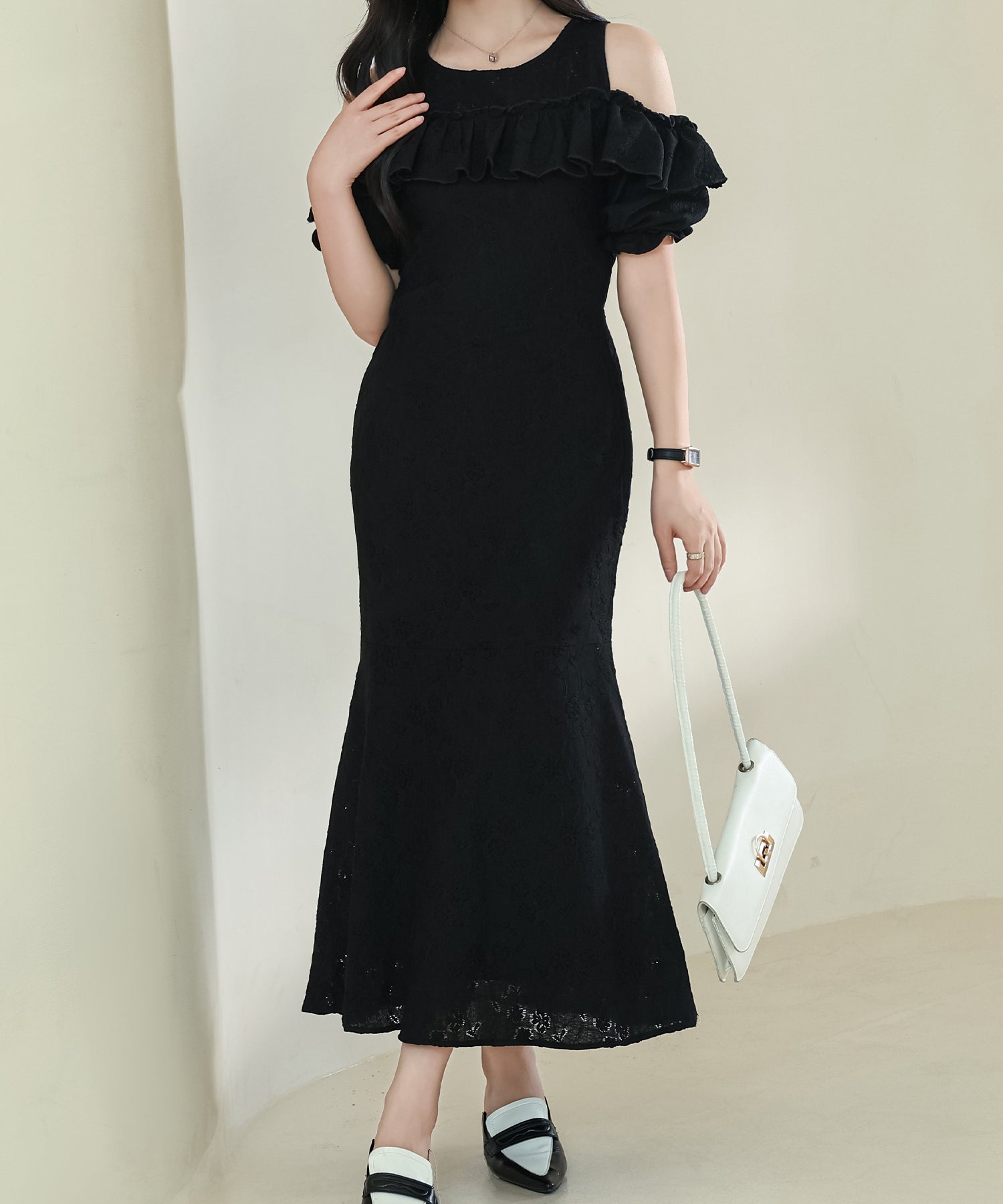 レースレディース Lace Ladies カットアウト パフスリーブ 総レース マーメイド フリル ワンピース （アイボリー） アイボリー