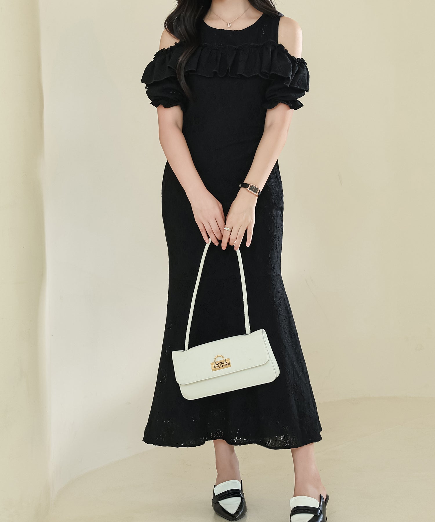 レースレディース Lace Ladies カットアウト パフスリーブ 総レース マーメイド フリル ワンピース （アイボリー） アイボリー