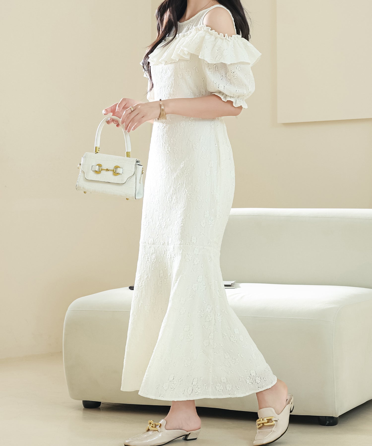 レースレディース Lace Ladies カットアウト パフスリーブ 総レース マーメイド フリル ワンピース （アイボリー） アイボリー