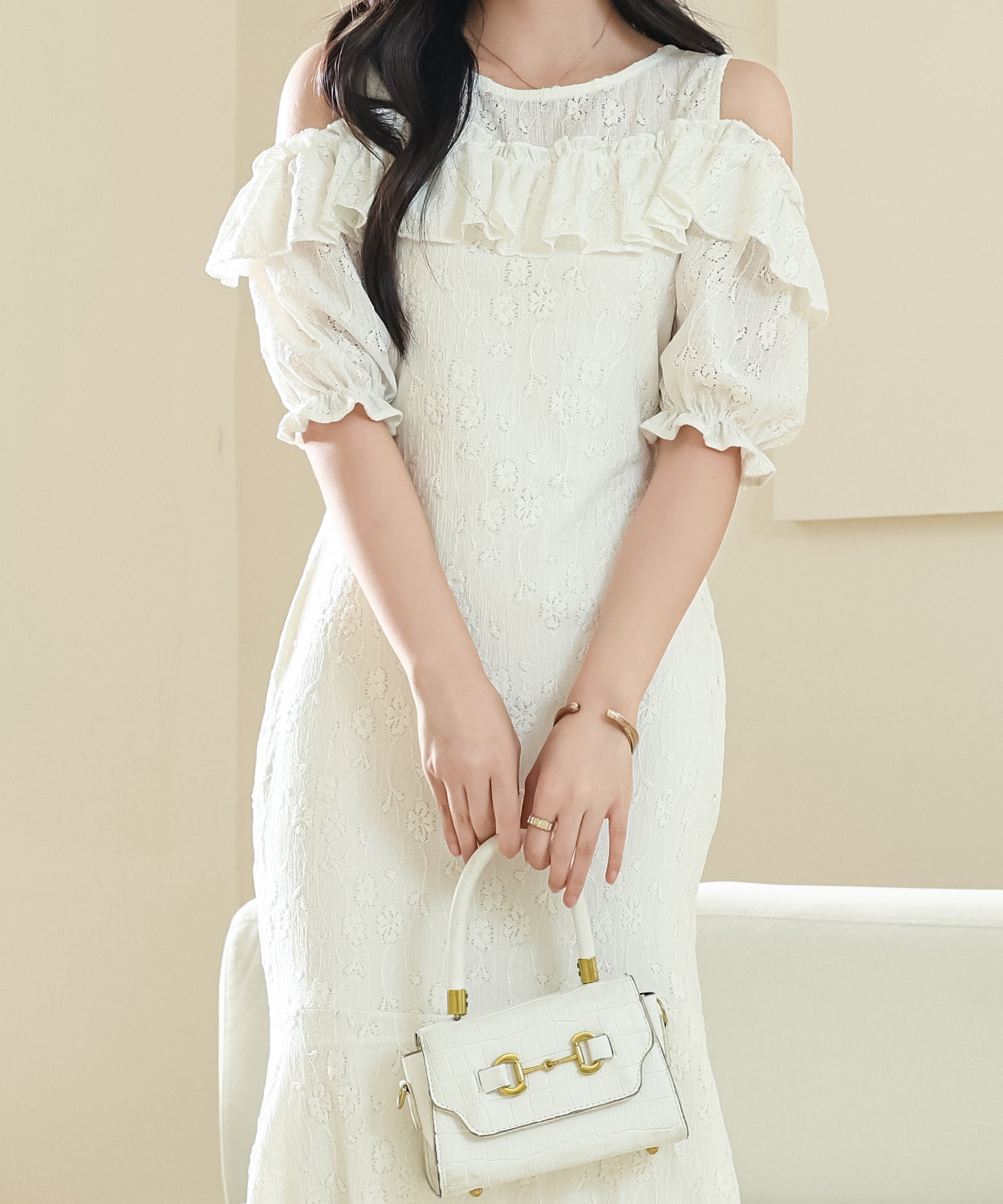 レースレディース Lace Ladies カットアウト パフスリーブ 総レース マーメイド フリル ワンピース （アイボリー） アイボリー