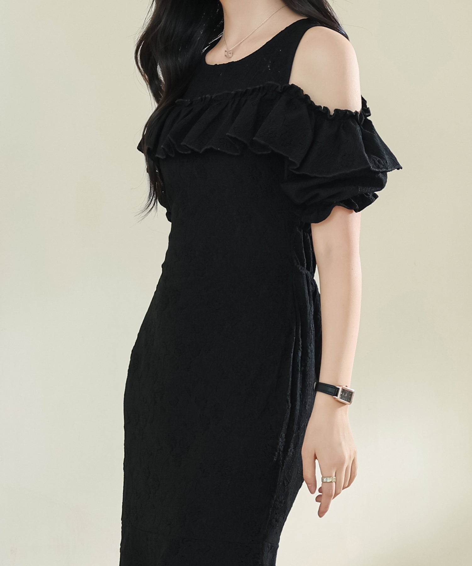 レースレディース Lace Ladies カットアウト パフスリーブ 総レース マーメイド フリル ワンピース （ブラック） ブラック