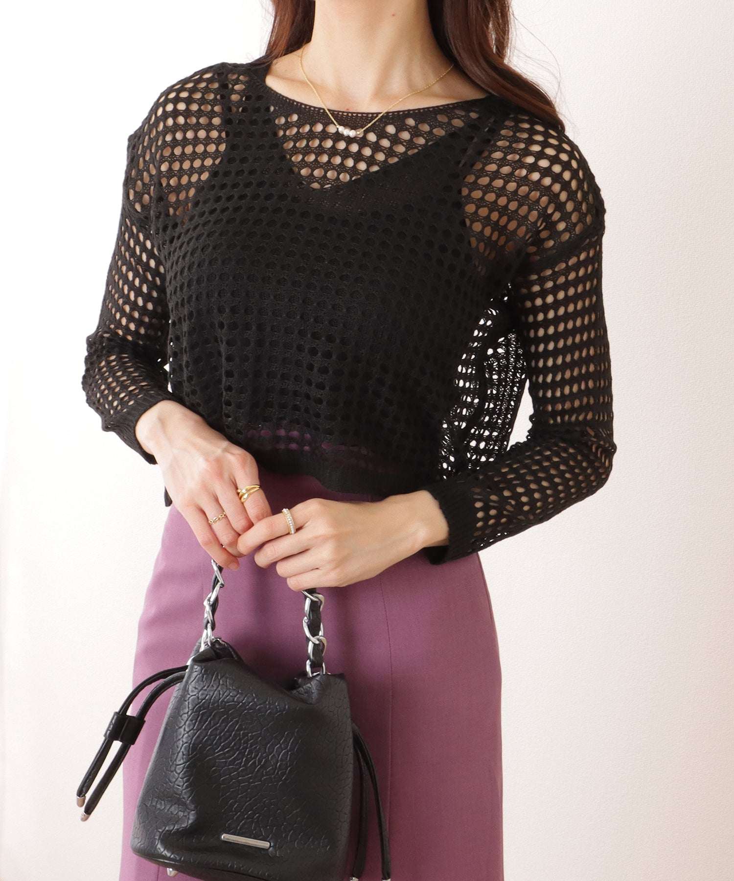 レースレディース Lace Ladies 【2点セット】コンパクト 透かし編み 長袖 ニット プルオーバー （ネイビー） ネイビー