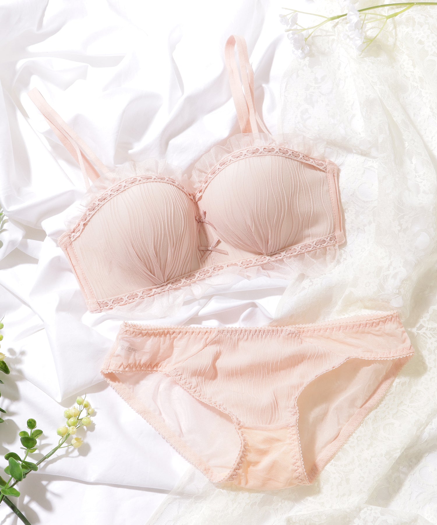 レースレディース Lace Ladies ダブルリボン チュール フリル ノンワイヤー ブラ&ショーツ【返品不可商品】 （ピンク） ピンク