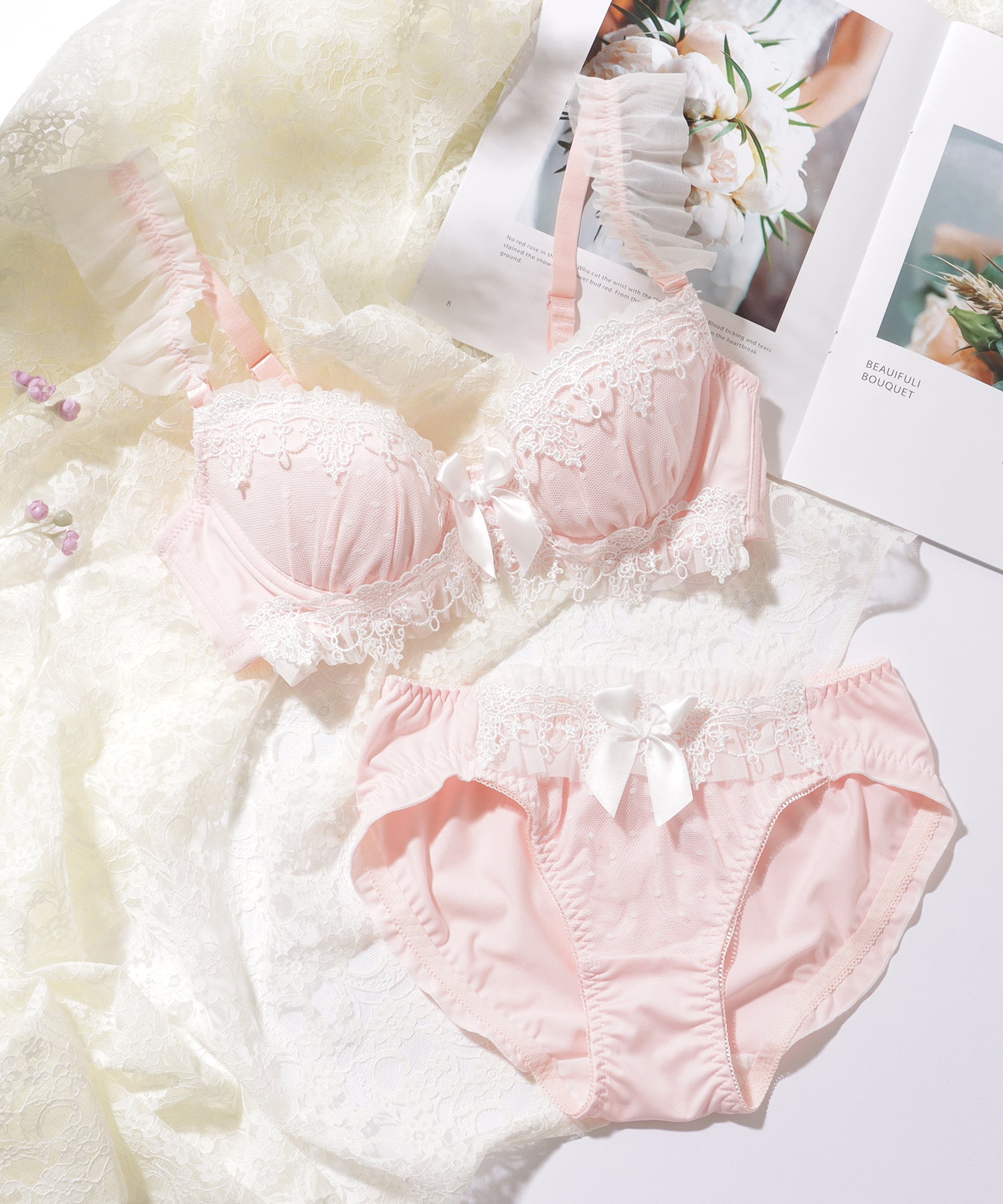 レースレディース Lace Ladies リボン付き フリル ドット レース ブラ&ショーツ【返品不可商品】 （ピンク） ピンク