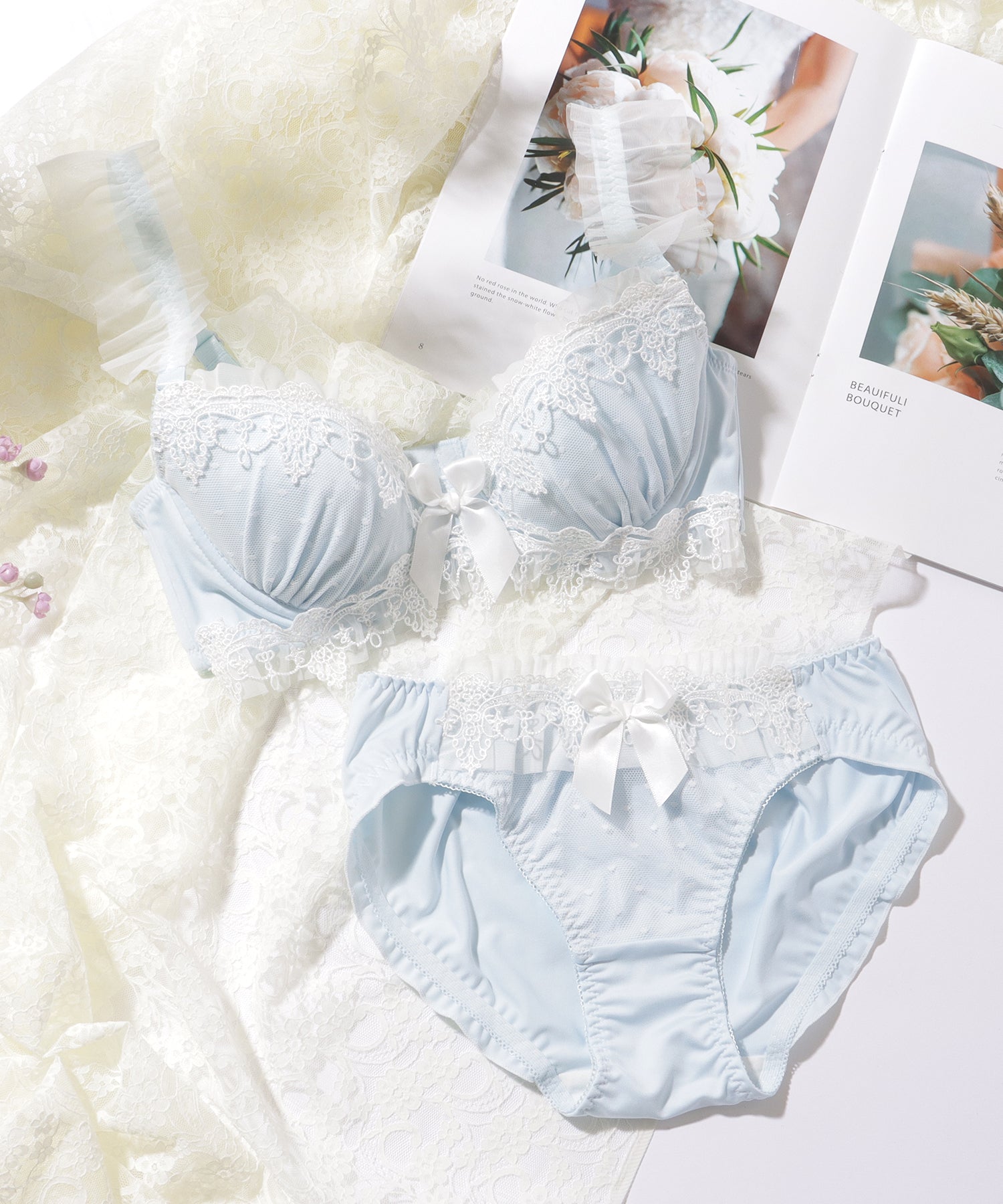 レースレディース Lace Ladies リボン付き フリル ドット レース ブラ&ショーツ【返品不可商品】 （ブルー） ブルー