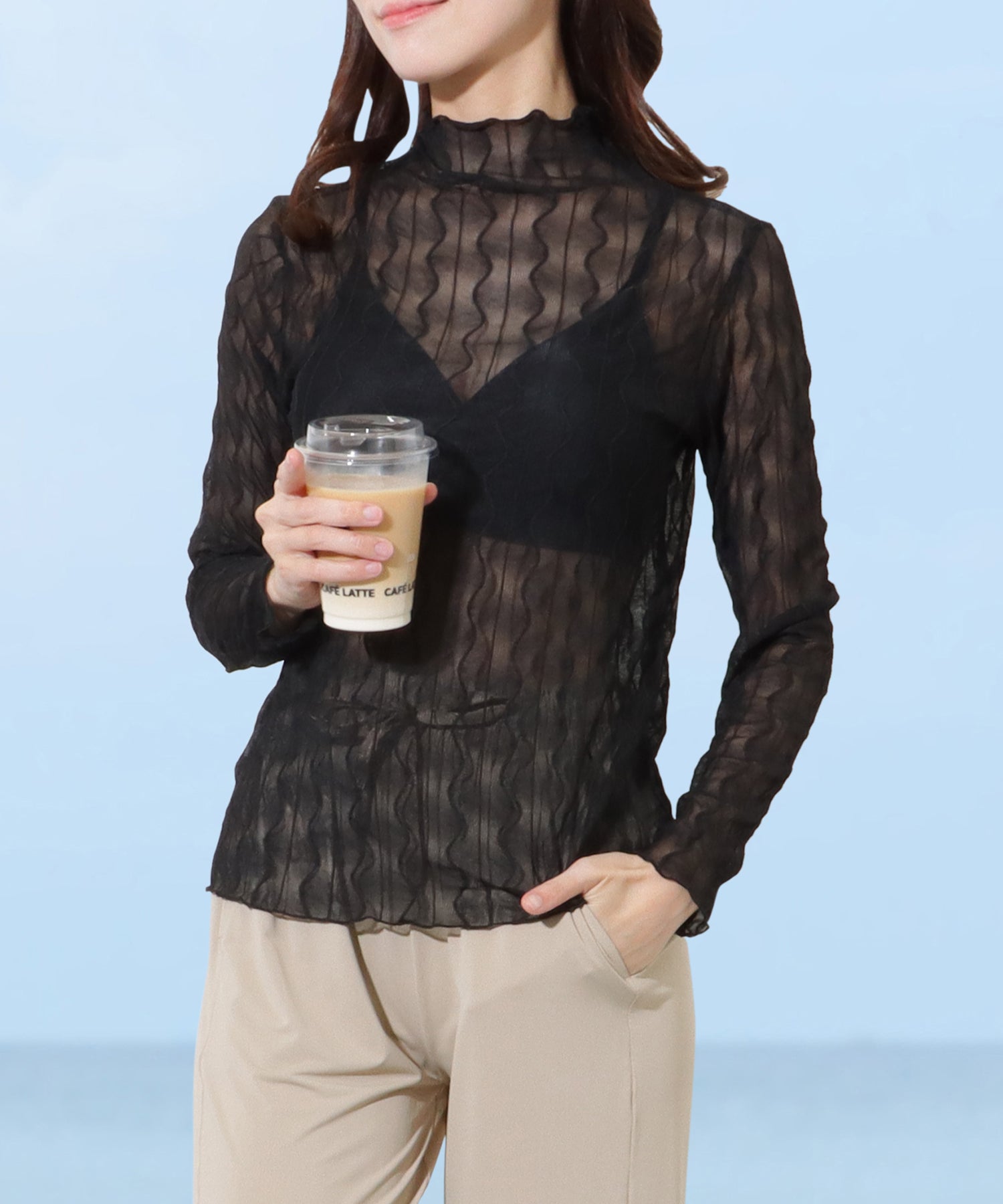 レースレディース Lace Ladies 【4点セット】ハイネック シアー ウエーブトップス付き ラッシュガード 【返品不可商品】 （ブラック） ブラック