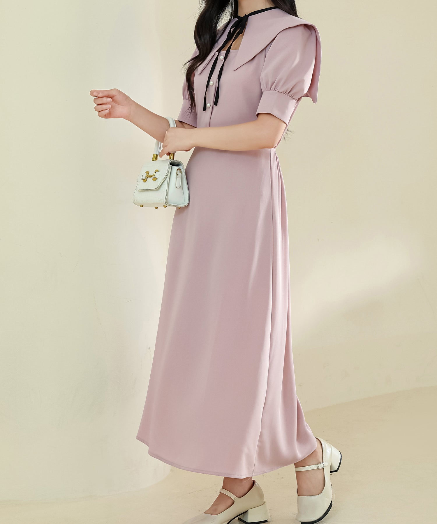 レースレディース Lace Ladies ショール風 ビッグカラー フロント ボタン ロング ワンピース （ピンク） ピンク