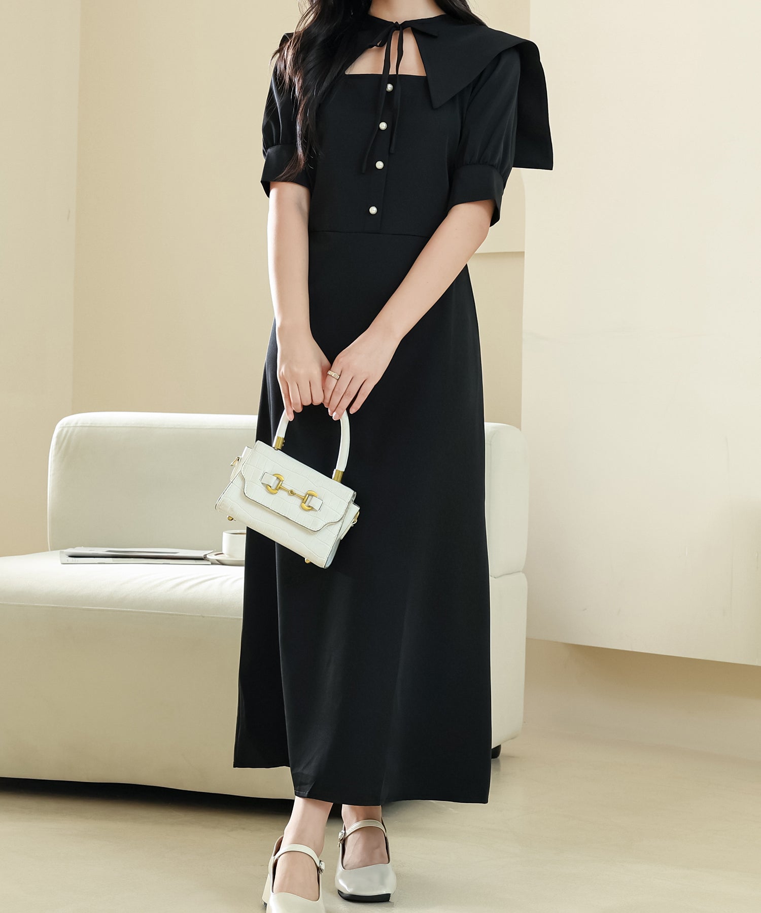 レースレディース Lace Ladies ショール風 ビッグカラー フロント ボタン ロング ワンピース （ブラック） ブラック
