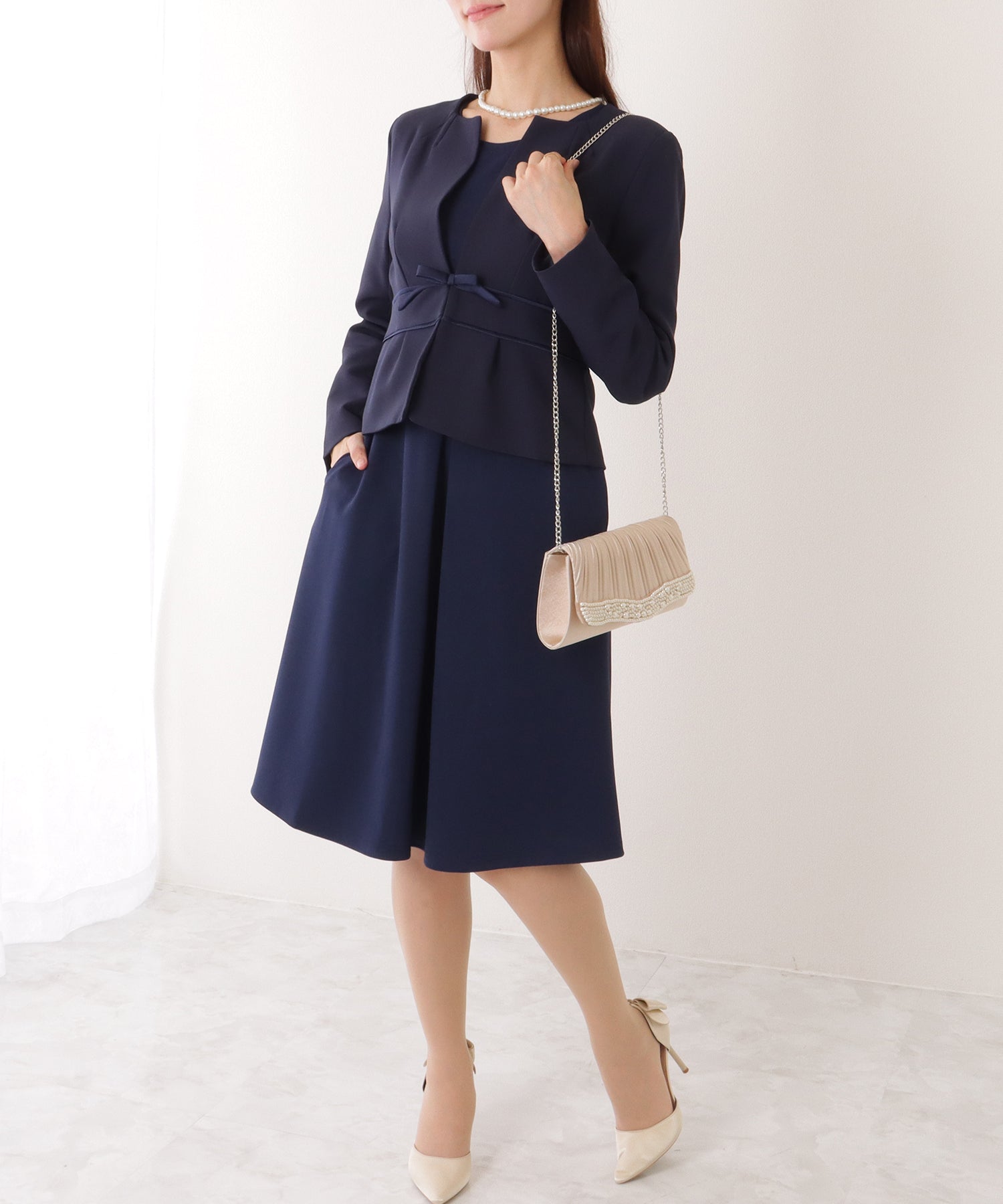 レースレディース Lace Ladies 2WAY リボンジャケット付き タック ワンピース セットアップ
