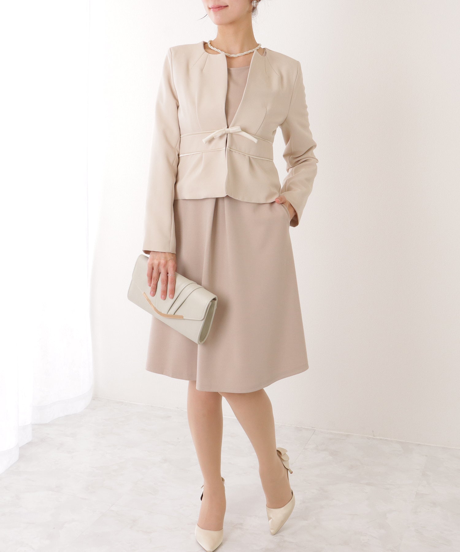 レースレディース Lace Ladies 2WAY リボンジャケット付き タック ワンピース セットアップ