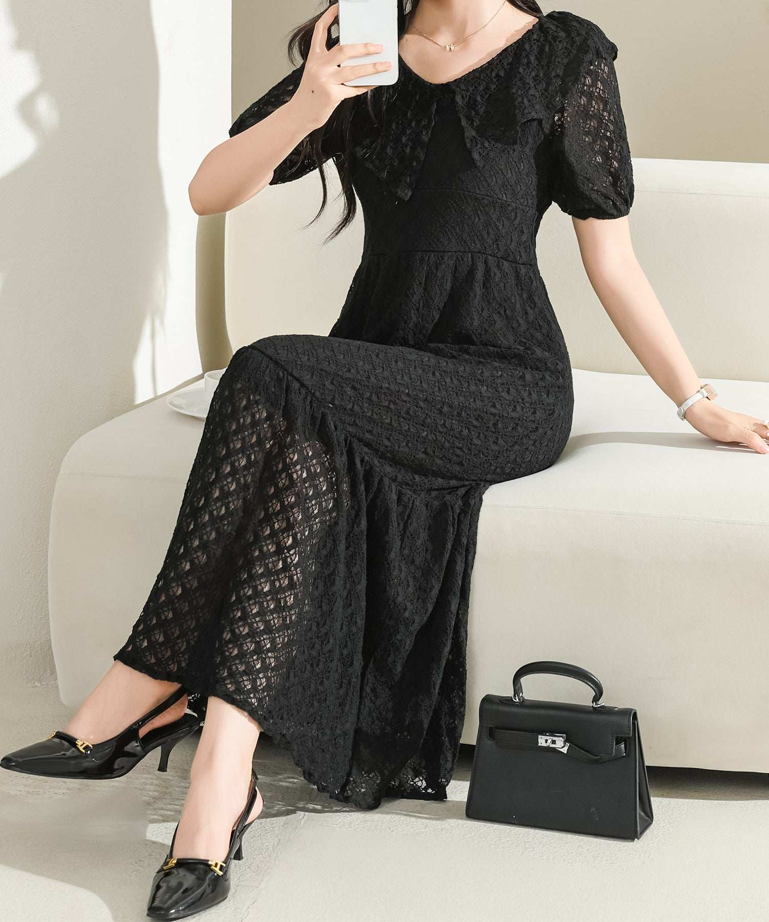 レースレディース Lace Ladies ビッグカラー フリル レース Iライン ロング ワンピース （グレー） グレー