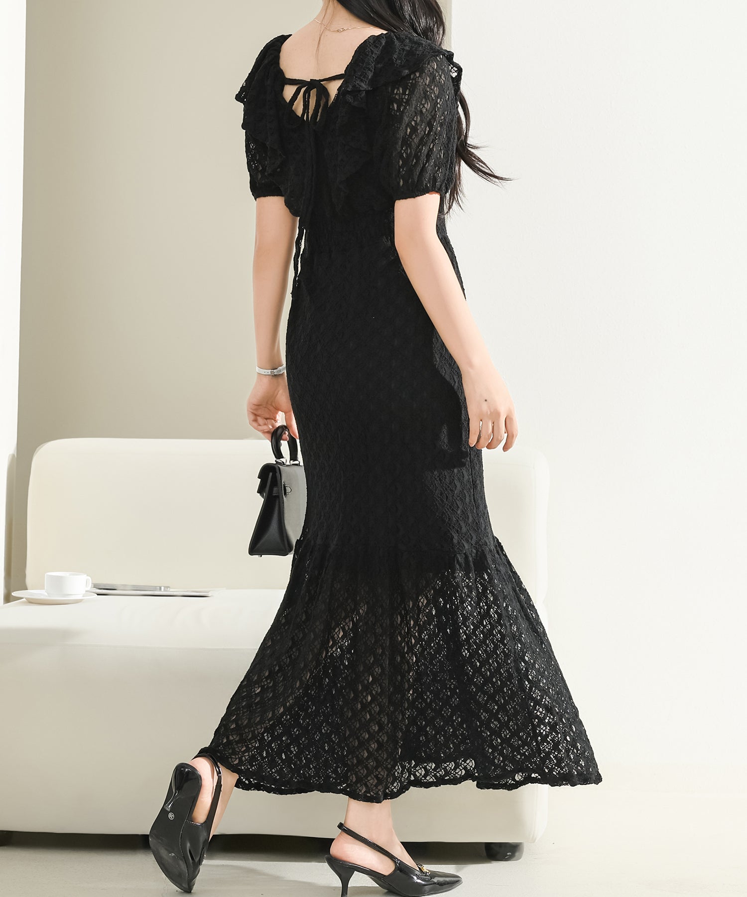 レースレディース Lace Ladies ビッグカラー フリル レース Iライン ロング ワンピース （グレー） グレー
