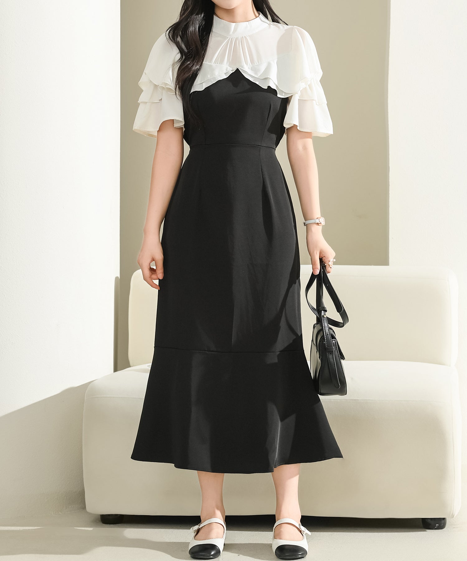 レースレディース Lace Ladies プチハイネック フリル フェイクレイヤード ロング ワンピース （ブラック） ブラック