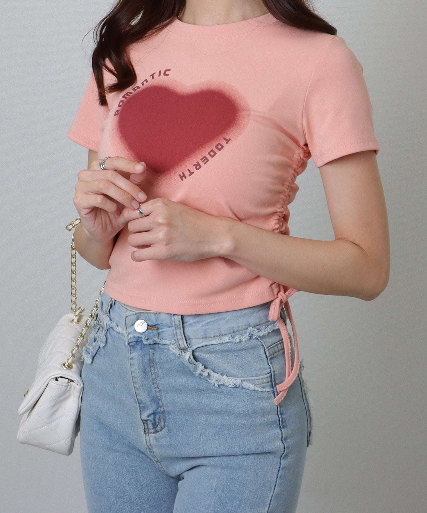 レースレディース Lace Ladies サイド シャーリング コンパクト 半袖 プリント トップス （ホワイト） ホワイト