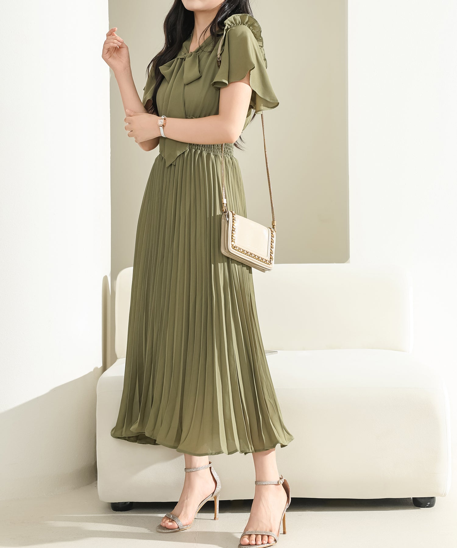 レースレディース Lace Ladies ウエスト シャーリング 半袖 プリーツ ワンピース （グリーン） グリーン