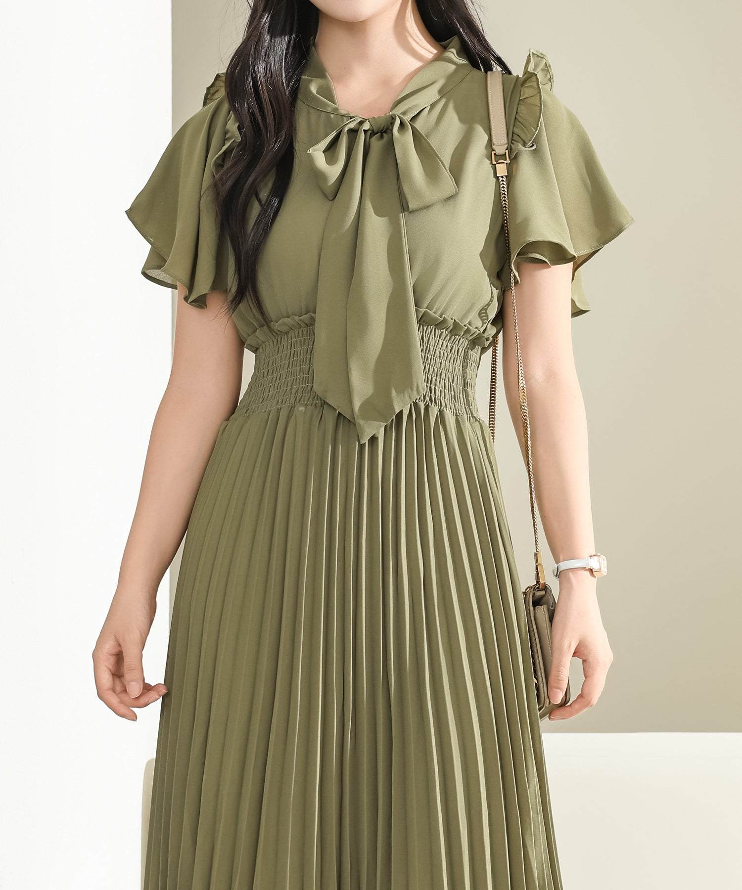 レースレディース Lace Ladies ウエスト シャーリング 半袖 プリーツ ワンピース （グリーン） グリーン