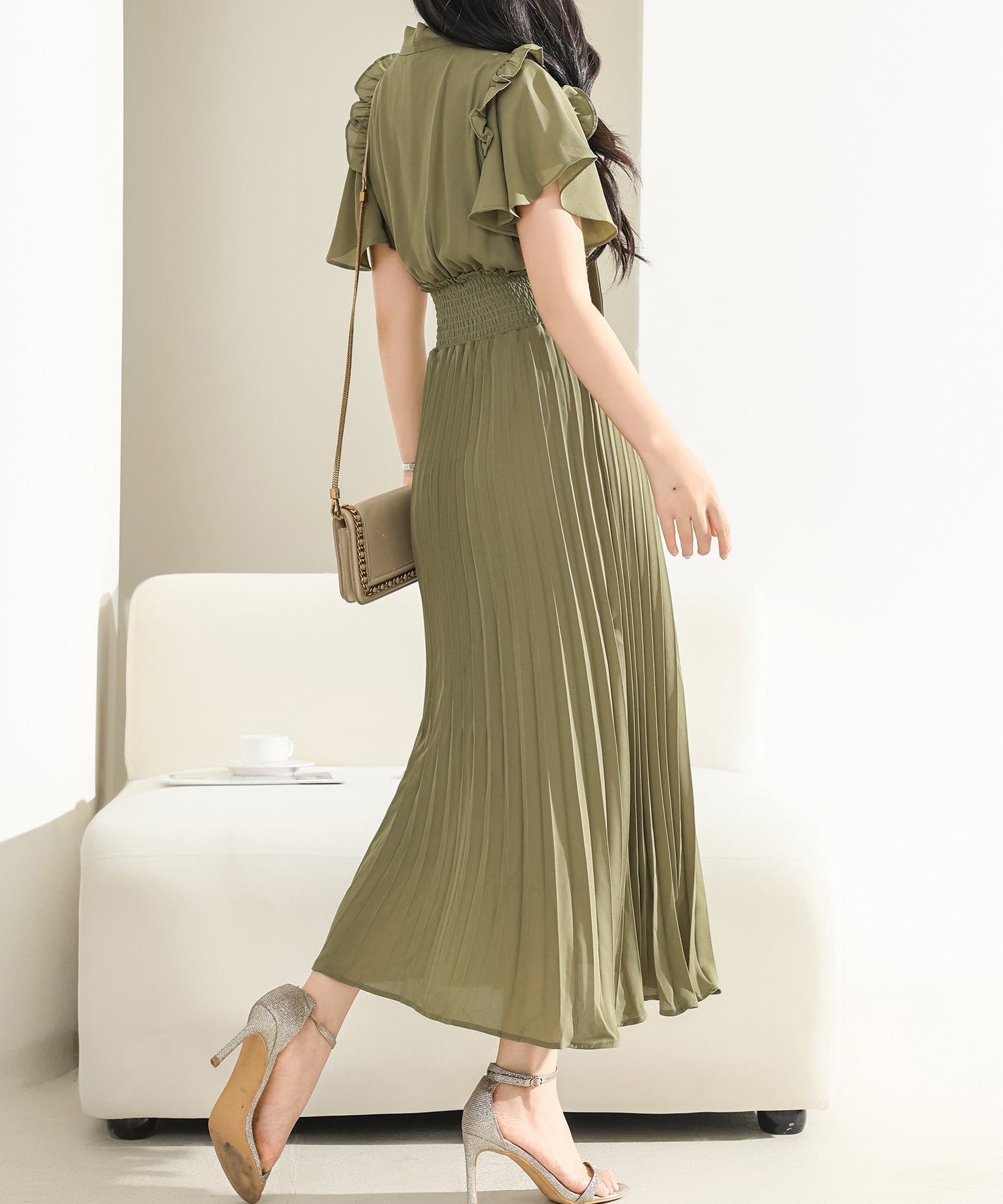 レースレディース Lace Ladies ウエスト シャーリング 半袖 プリーツ ワンピース （グリーン） グリーン