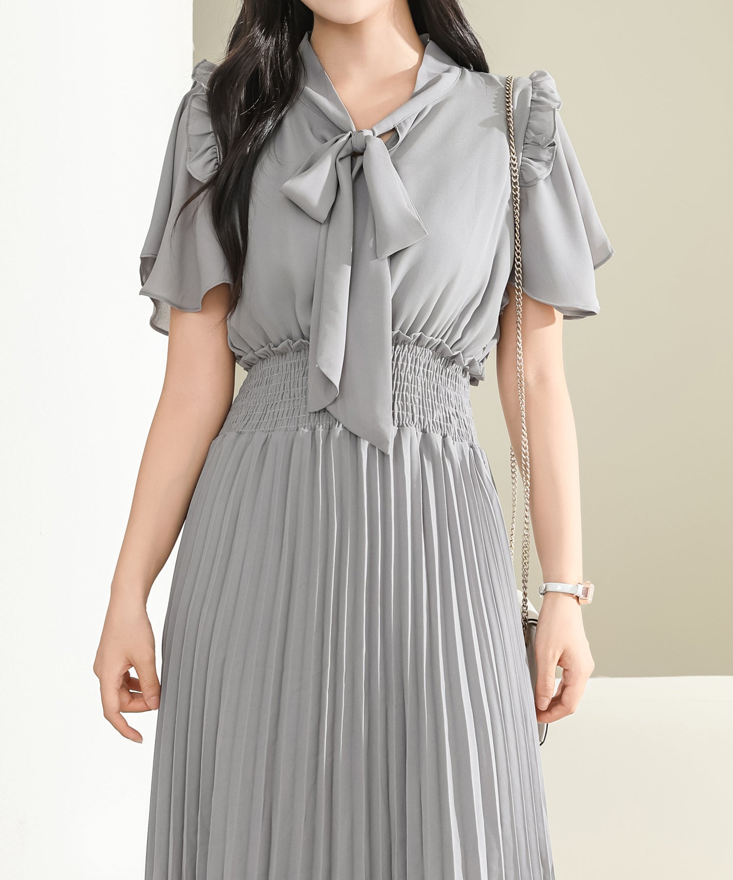 レースレディース Lace Ladies ウエスト シャーリング 半袖 プリーツ ワンピース （グレー） グレー