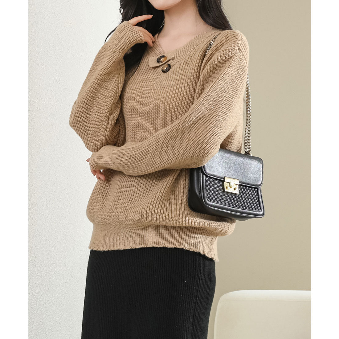 レースレディース Lace Ladies ソリッドカラー ボタン付き Vネック 長袖 ニット プルオーバー （ベージュ） ベージュ