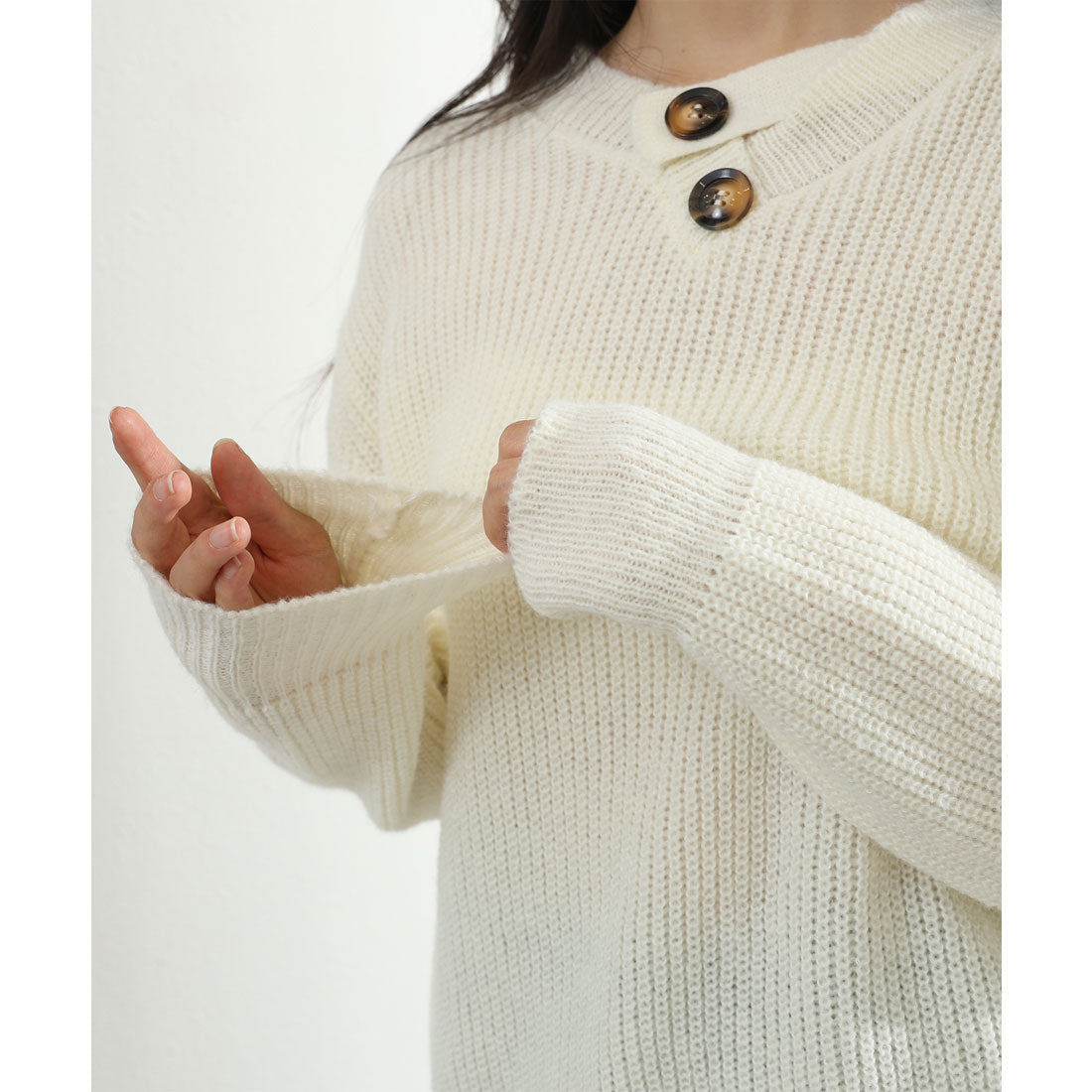 レースレディース Lace Ladies ソリッドカラー ボタン付き Vネック 長袖 ニット プルオーバー （ベージュ） ベージュ