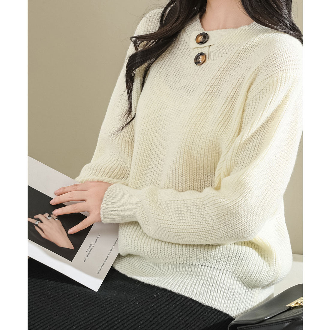 レースレディース Lace Ladies ソリッドカラー ボタン付き Vネック 長袖 ニット プルオーバー （アイボリー） アイボリー