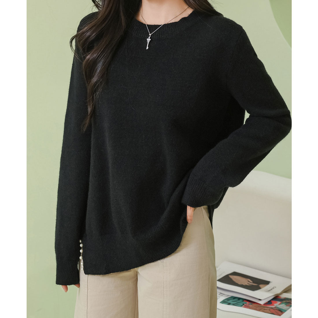 レースレディース Lace Ladies サイドスリット パール付き クルーネック ニット プルオーバー （ブラック） ブラック