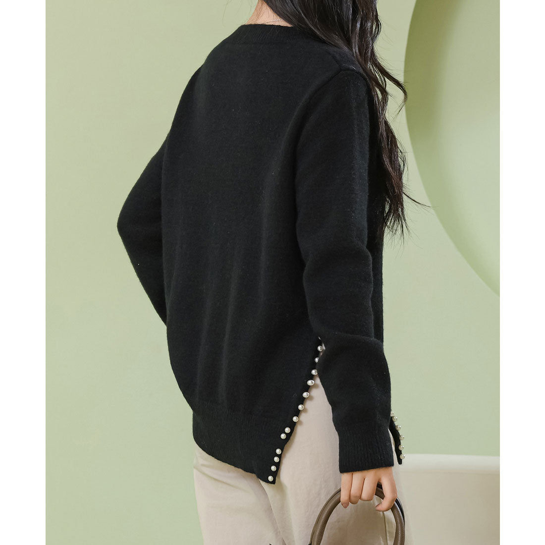 レースレディース Lace Ladies サイドスリット パール付き クルーネック ニット プルオーバー （ブラック） ブラック