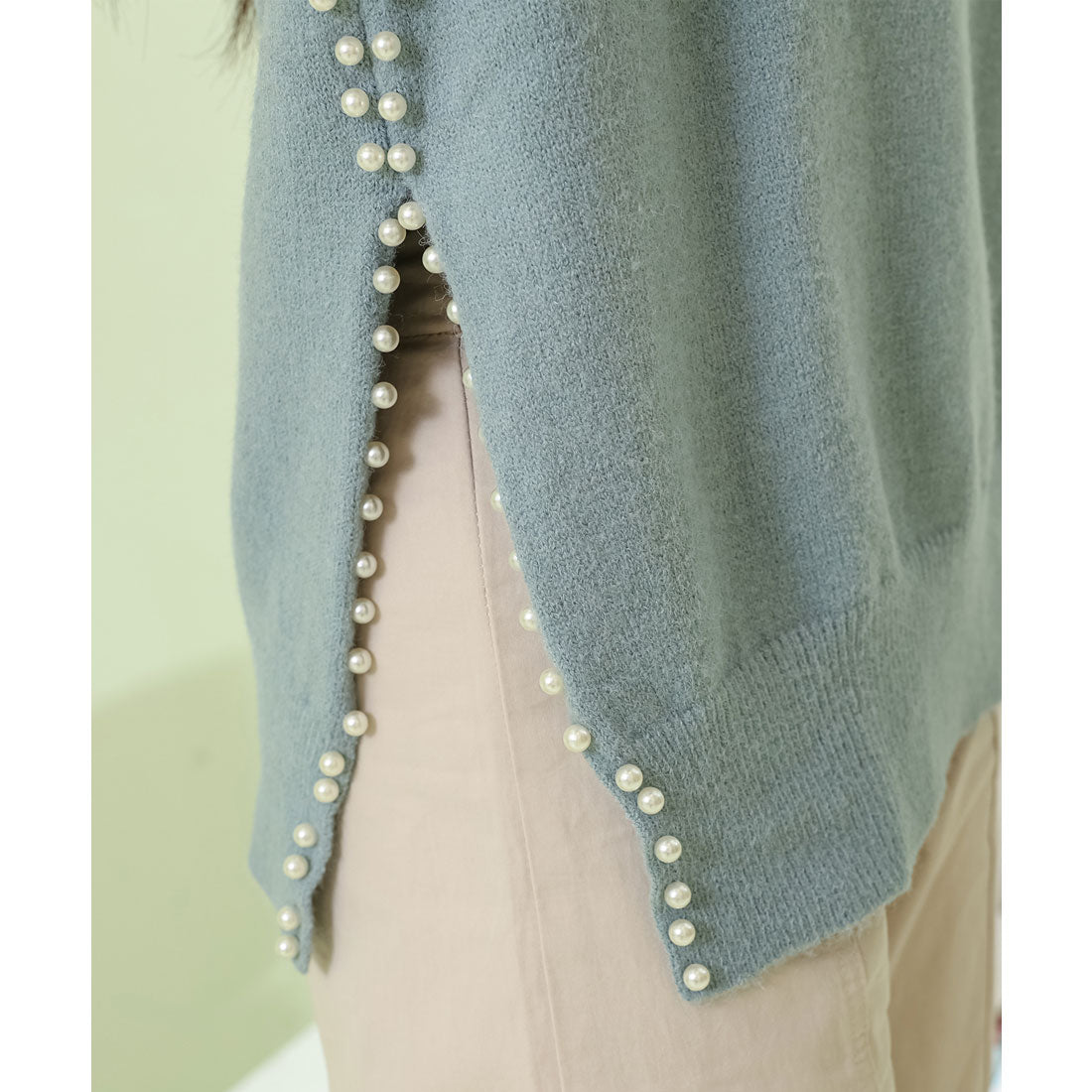 レースレディース Lace Ladies サイドスリット パール付き クルーネック ニット プルオーバー （ブラック） ブラック