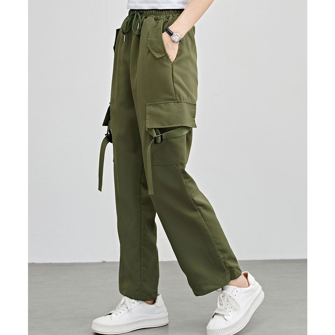 レースレディース Lace Ladies ソリッドカラー ワイド イージー ベルトループポケット カーゴパンツ （グリーン） グリーン