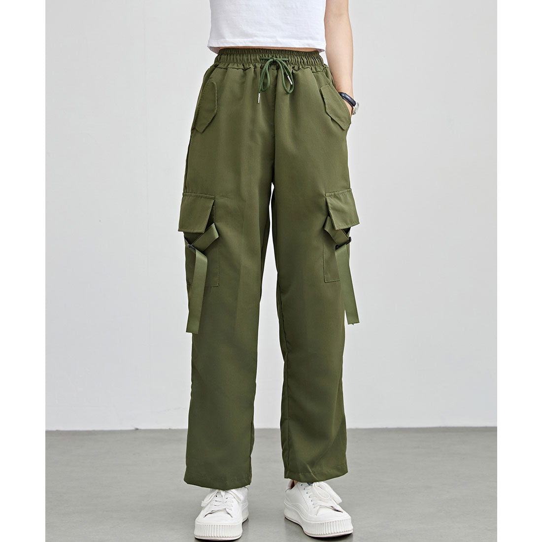 レースレディース Lace Ladies ソリッドカラー ワイド イージー ベルトループポケット カーゴパンツ （グリーン） グリーン