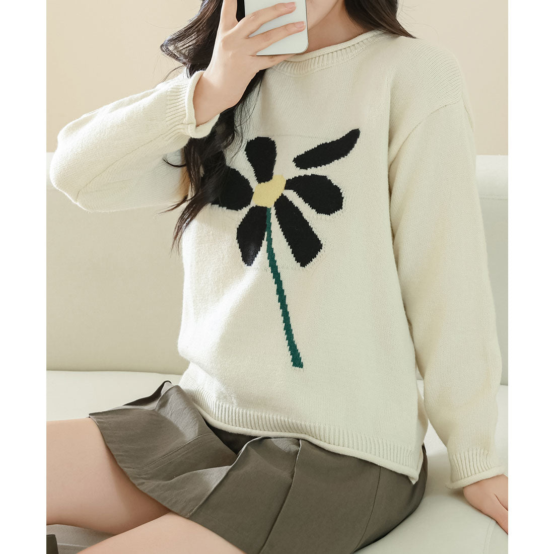 レースレディース Lace Ladies ラウンドネック フラワー ニット 長袖 プルオーバー （ホワイト） ホワイト