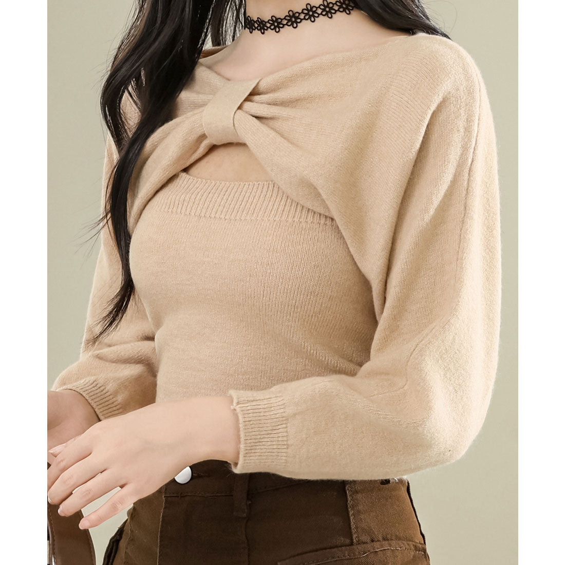 レースレディース Lace Ladies 【2点セット】アンサンブル フロント リボン ニット 長袖 プルオーバー キャミソール （ベージュ） ベージュ
